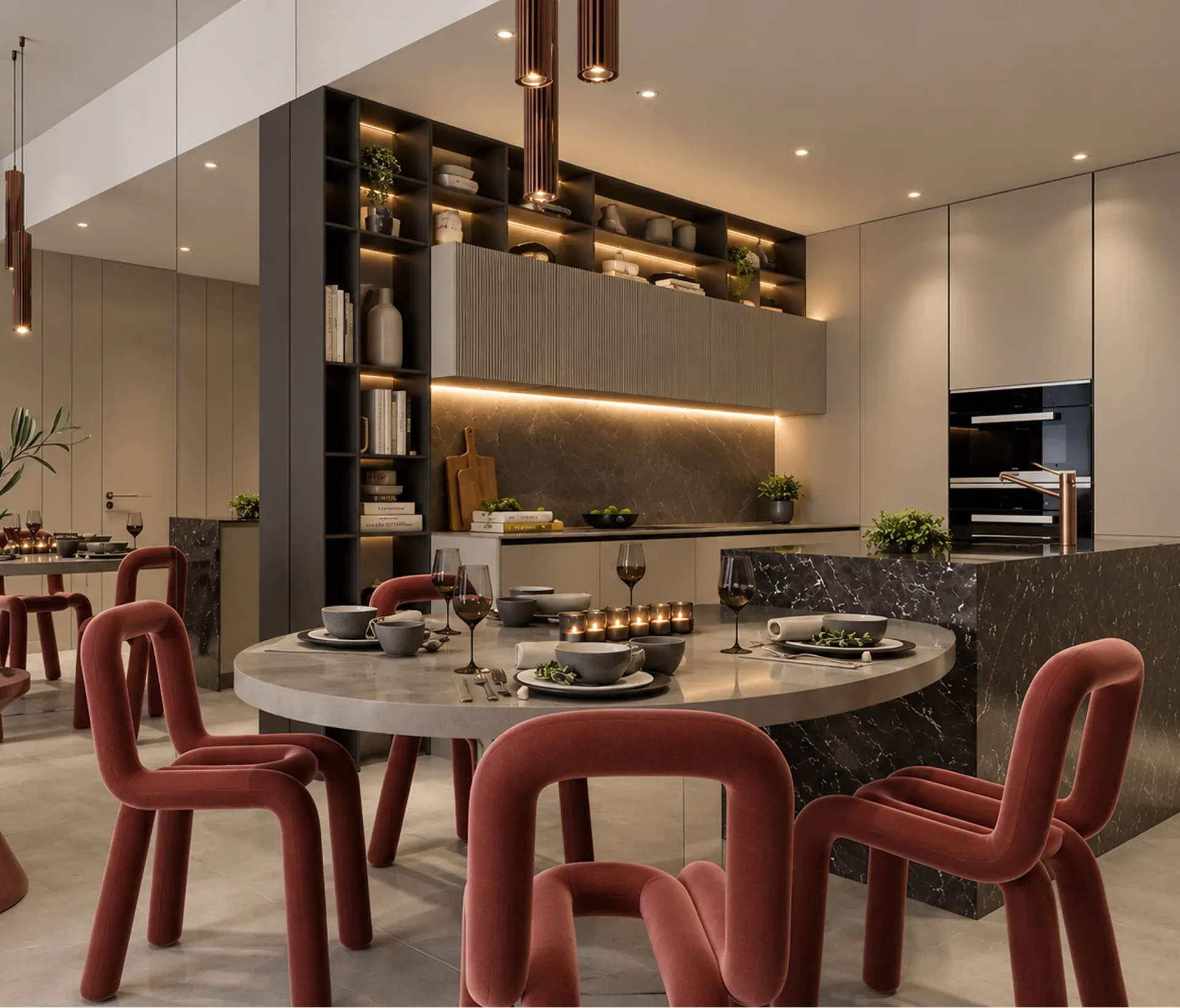Modern luxury kitchen and dining room interior render